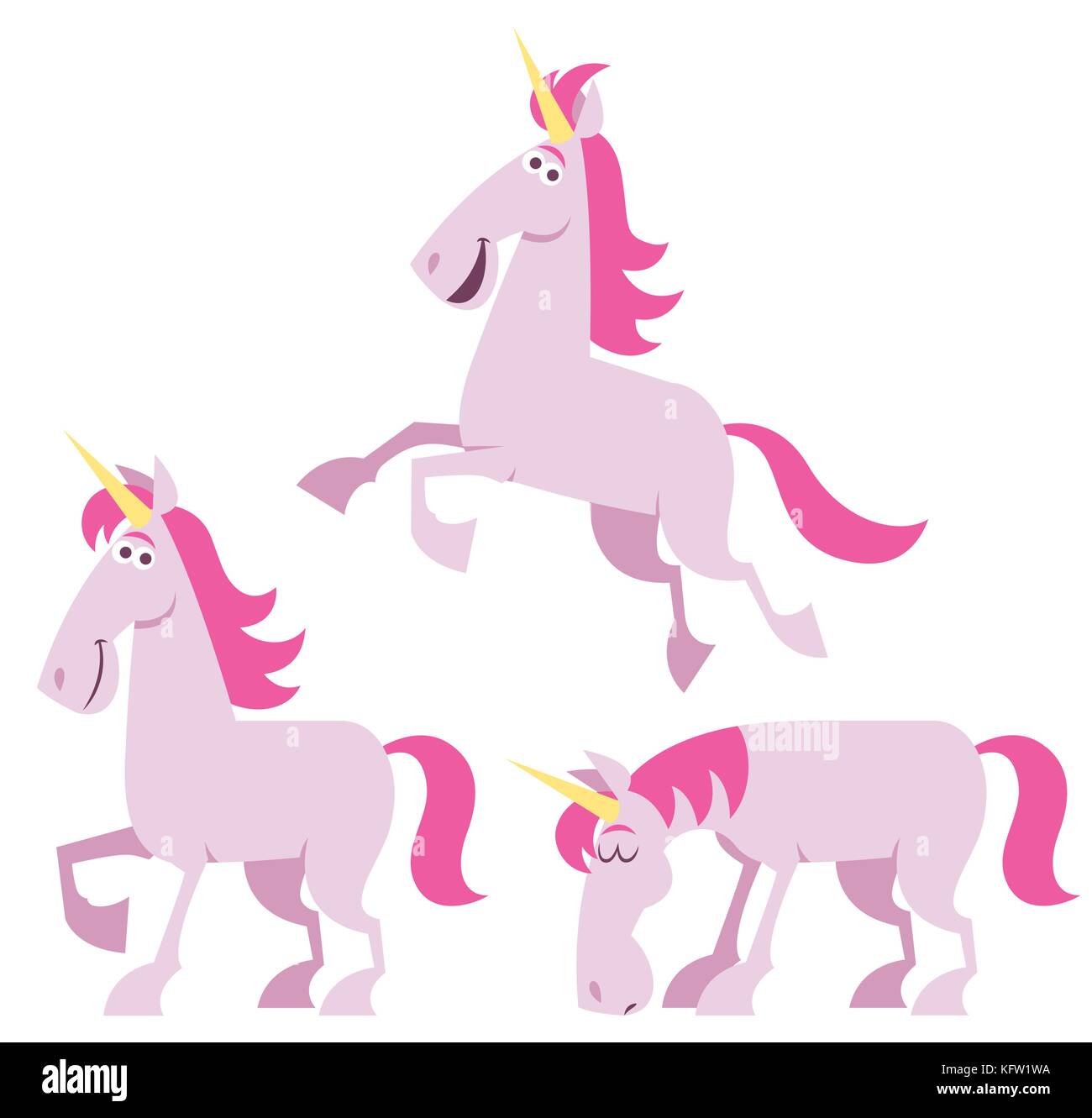 Unicorno rosa in 3 diverse pose. Illustrazione Vettoriale