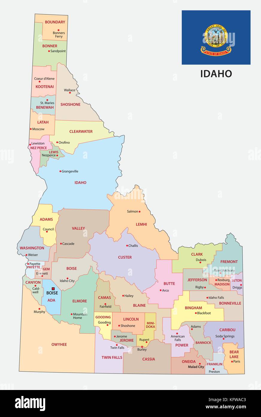 Idaho amministrativa mappa vettoriale con bandiera Illustrazione Vettoriale