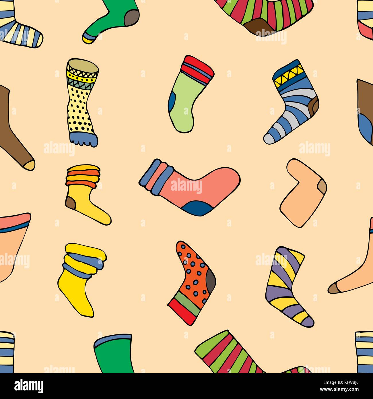 Modello senza cuciture con diversi doodle disegnato a mano i calzini su chevron background. luminose doodle geometriche pattern di pannellizzazione. Illustrazione Vettoriale