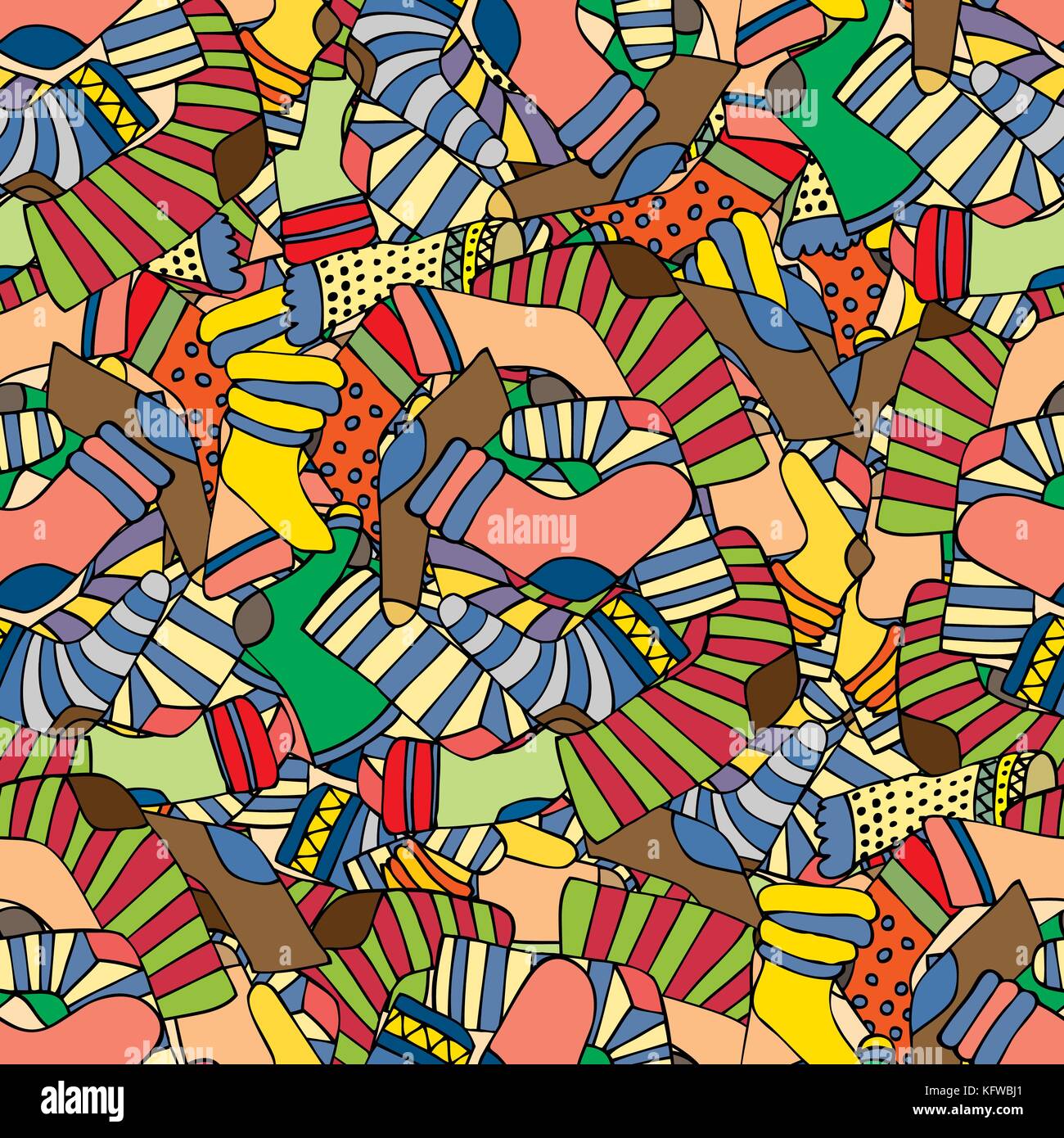 Modello senza cuciture con diversi doodle disegnato a mano i calzini su chevron background. luminose doodle geometriche pattern di pannellizzazione. Illustrazione Vettoriale