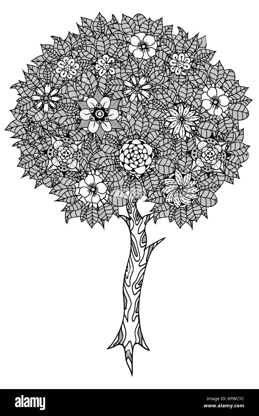 Albero con foglie e fiori. vettore. libro da colorare pagina per adulti. disegnati a mano. bohemia concetto per invito a nozze, carta, biglietto, branding, logo, Illustrazione Vettoriale