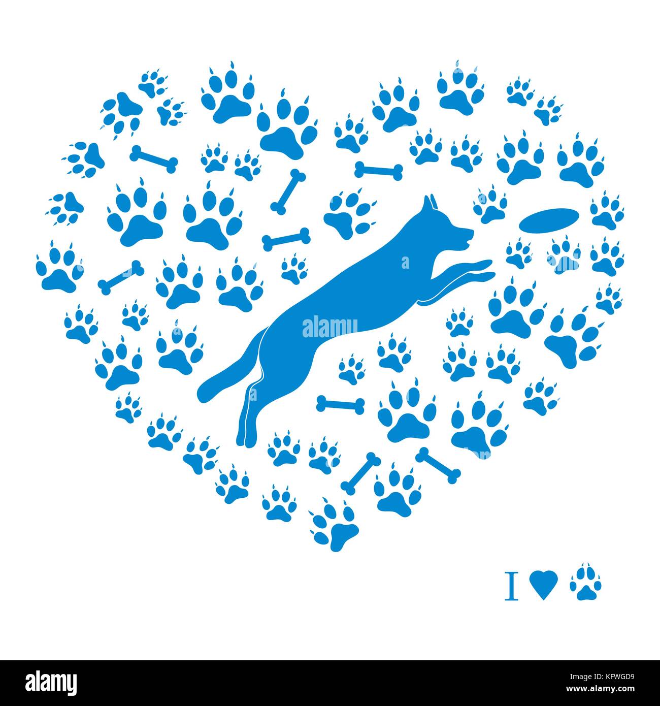 Bella immagine del cane di salto silhouette su uno sfondo di cane le vie e le ossa in forma di cuore su uno sfondo bianco. Illustrazione Vettoriale