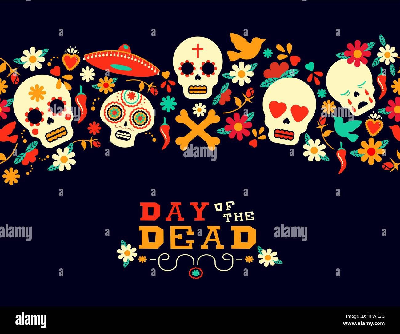 Il giorno dei morti seamless pattern arte vacanza messicana celebrazione dello sfondo con la tipografia preventivo. Include la molla floreali decorazione, mariachi hat un Illustrazione Vettoriale