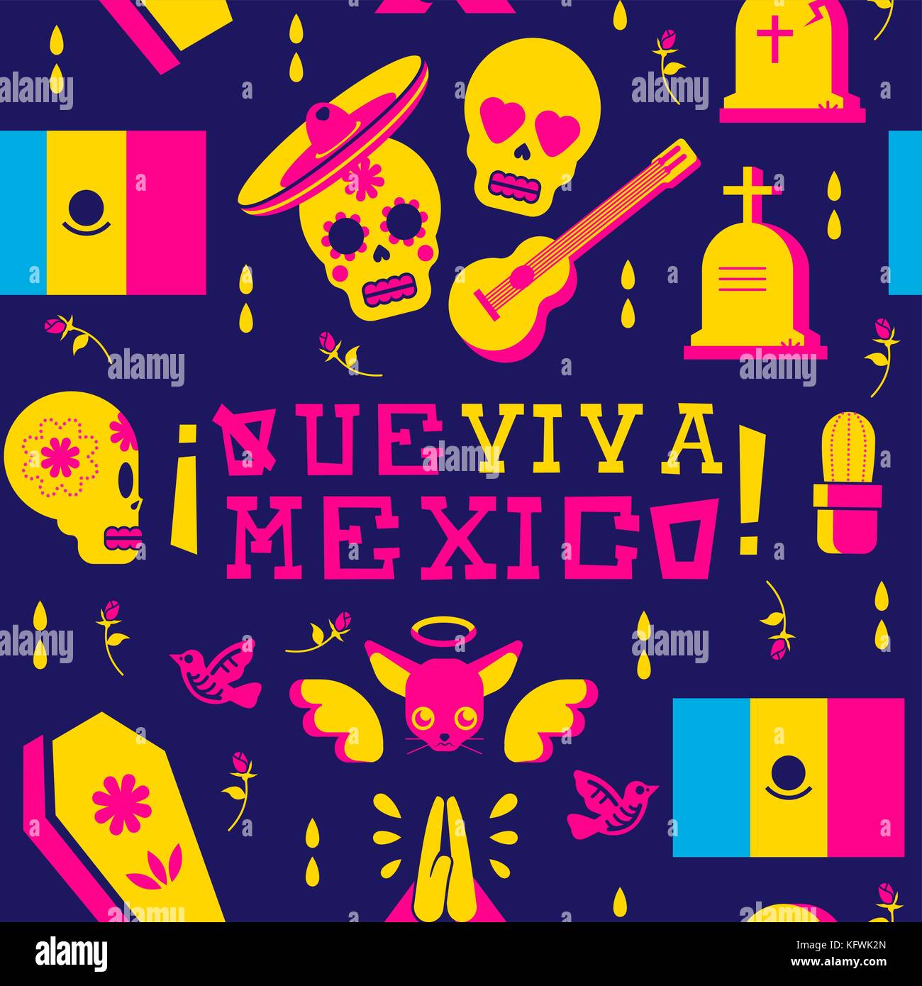 Celebrazione del Messico seamless pattern arte, felice teschio di zucchero gli Emoji per il giorno dei morti con decorazione tradizionale. Include mariachi hat, chihuahua cane Illustrazione Vettoriale