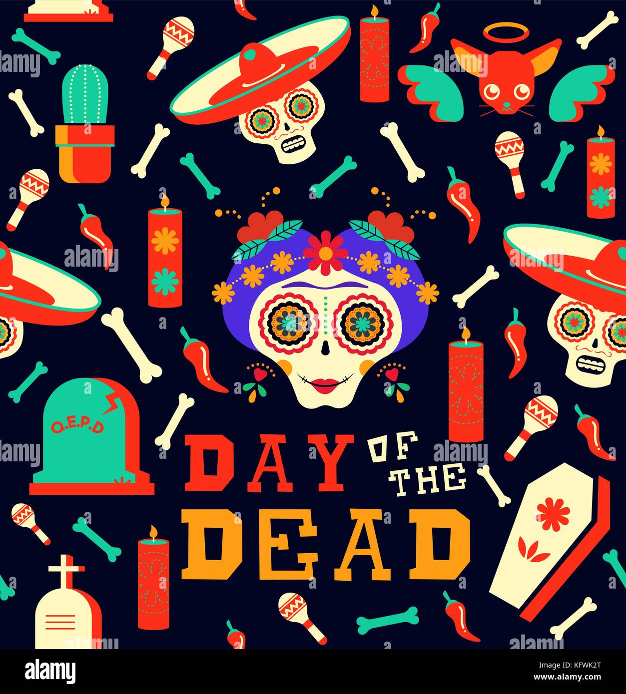 Mexican giorno dei morti seamless pattern arte, felice di zucchero catrina cranio con decorazione tradizionale. Include mariachi hat, chihuahua cane, e cibo ic Illustrazione Vettoriale