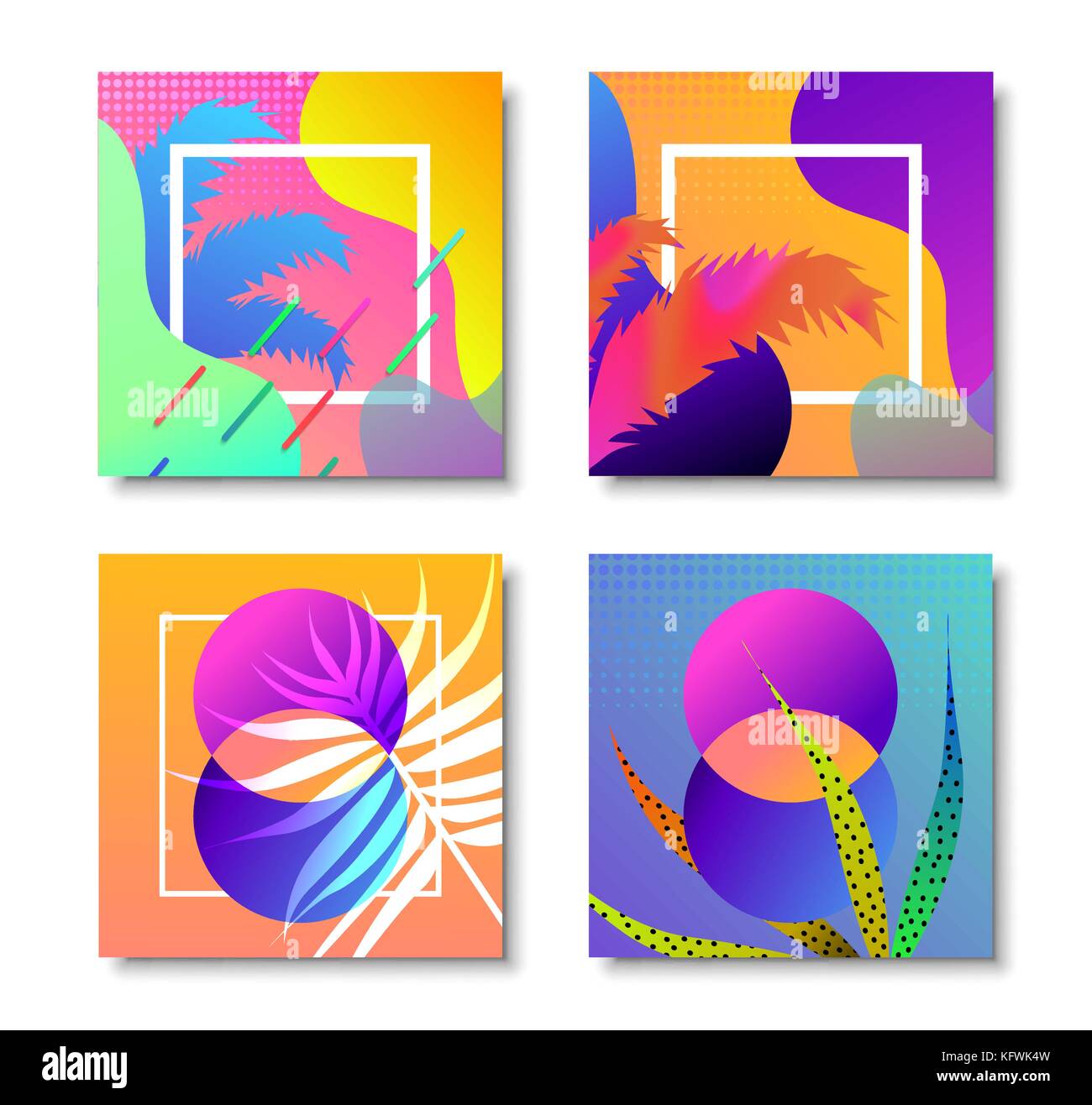 Abstract memphis moderna collezione di sfondo, set di retrò moda stile disegni con foglie tropicali, gradienti e forme. Ideale per il progetto web, b Illustrazione Vettoriale