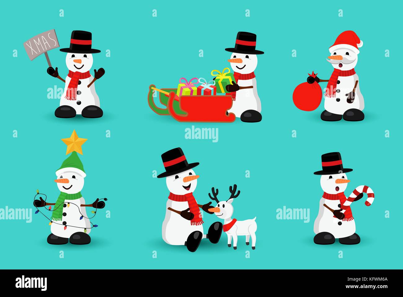 Vacanze di Natale insieme di carino pupazzo di carattere cartoni animati in diverse pose e emozioni. include le renne, invernali Slittino, santa claus. eps10 vettore. Illustrazione Vettoriale