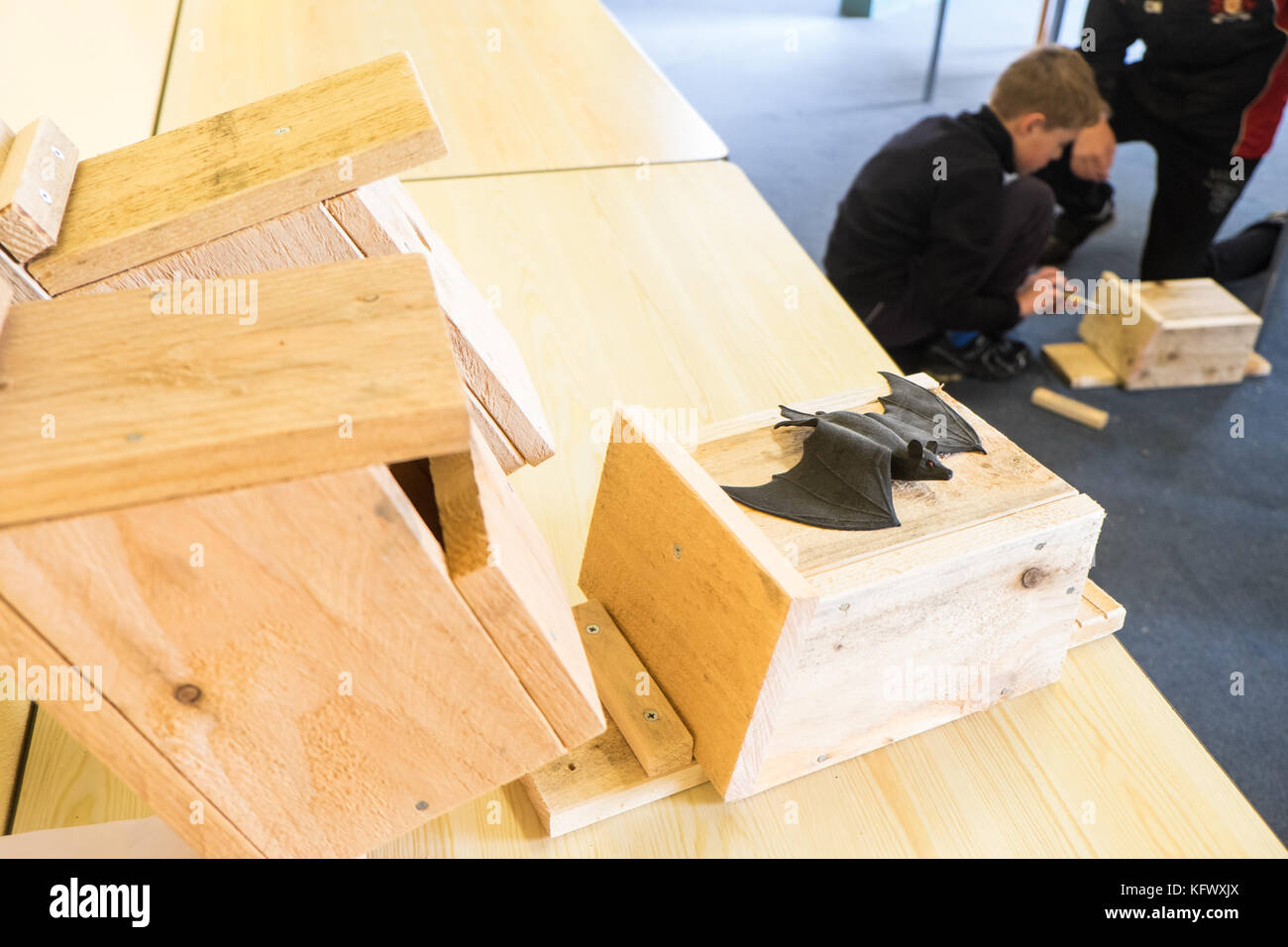 Half Term Activity.facendo una bat box a Llanelli Wetland Centre, Llanelli,Carmarthenshire,Galles,UK. Un giorno a mani sul programma formativo mirato per i bambini,per un costo di circa £ 7 fa sì che le caselle e dato informazioni su dove collocare nel loro giardino. Foto Stock