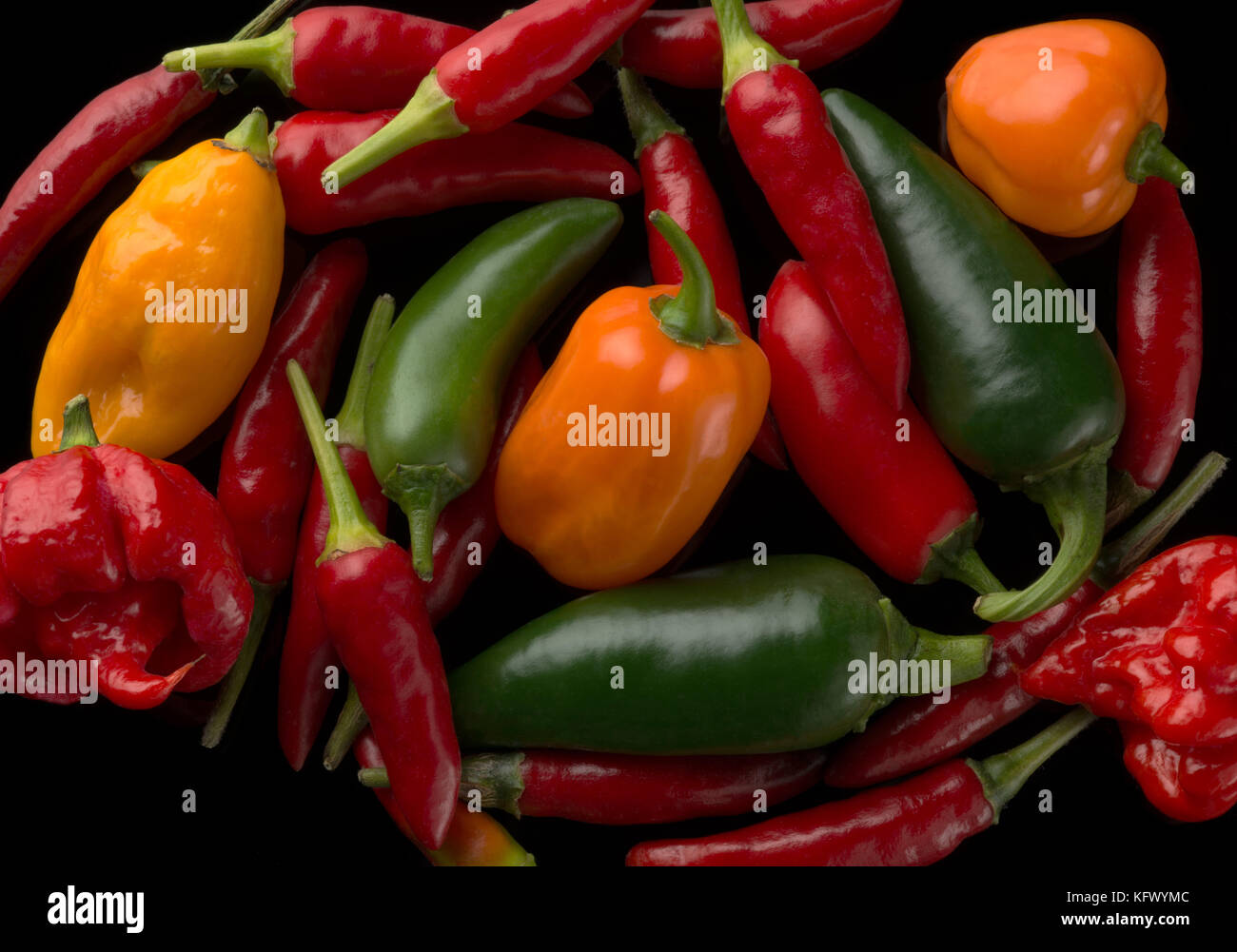 Santa Ana, California, Stati Uniti d'America. Xviii oct, 2017. La foto di famiglia del selezionare hot, peperoni piccanti. Sono incluse le jalapeno, serrano, tailandese, habanero, Carolina Reaper, e Trinidad Scorpion. Credito: Stan Sholik/ZUMA filo/Alamy Live News Foto Stock