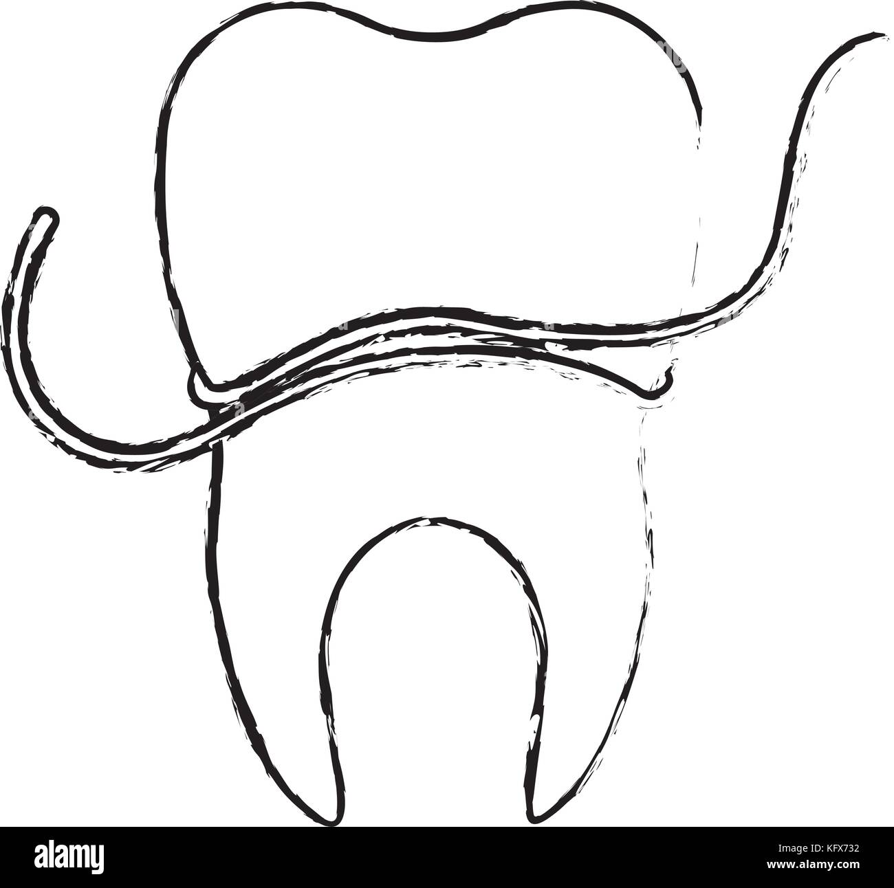 Dente con radice e il filo interdentale intorno in monocromatico silhouette sfocata Illustrazione Vettoriale