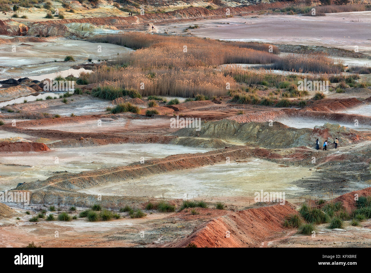 Le persone che attraversano i dump di miniera, Johannesburg Foto Stock