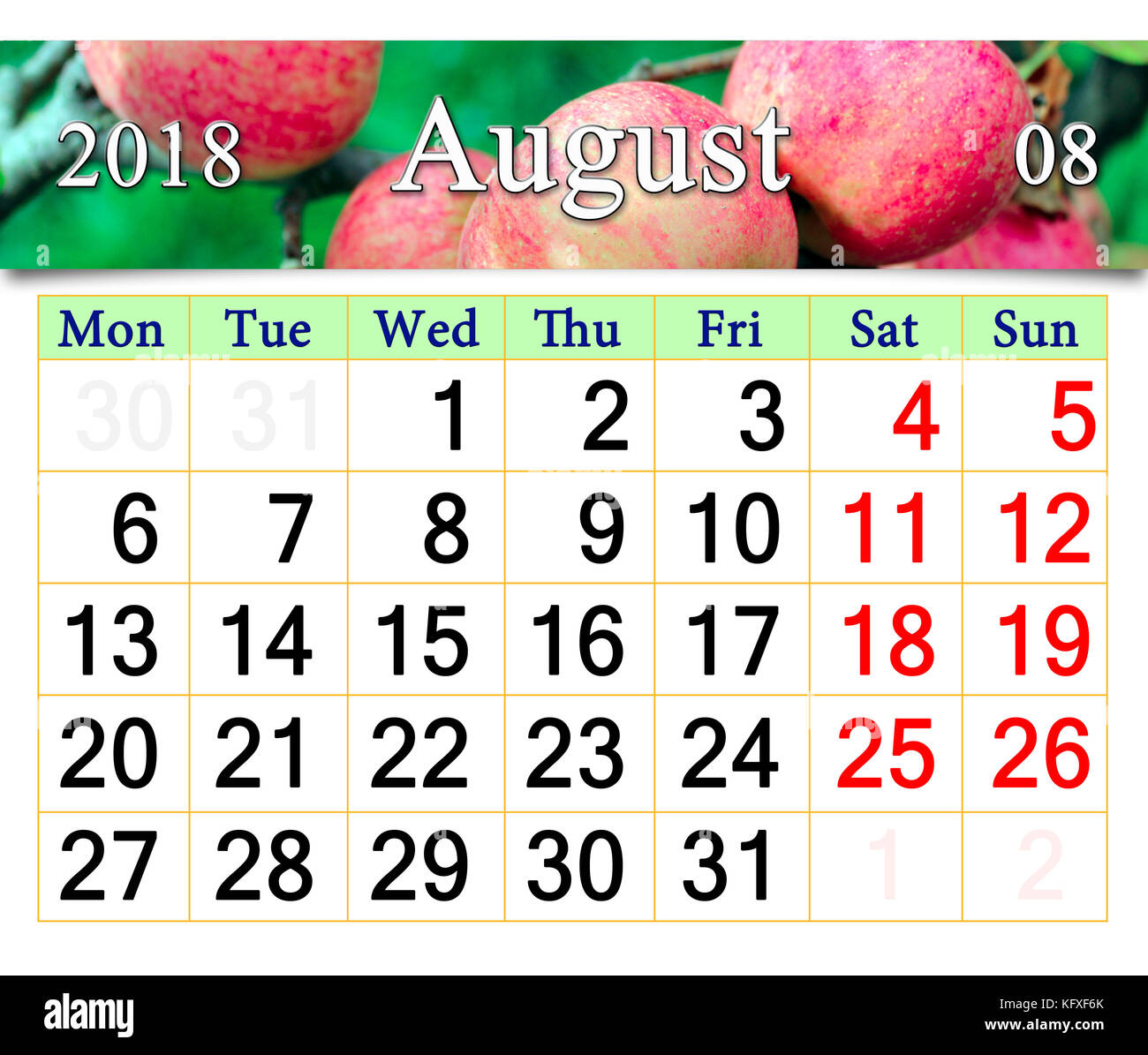 Bellissimo il calendario per il mese di agosto 2018 anno con mele mature sul ramo. calendario per stampa e utilizzo nella vita in ufficio. Foto Stock