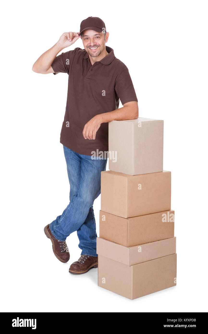 Ritratto di Felice consegna uomo isolato su sfondo bianco Foto Stock