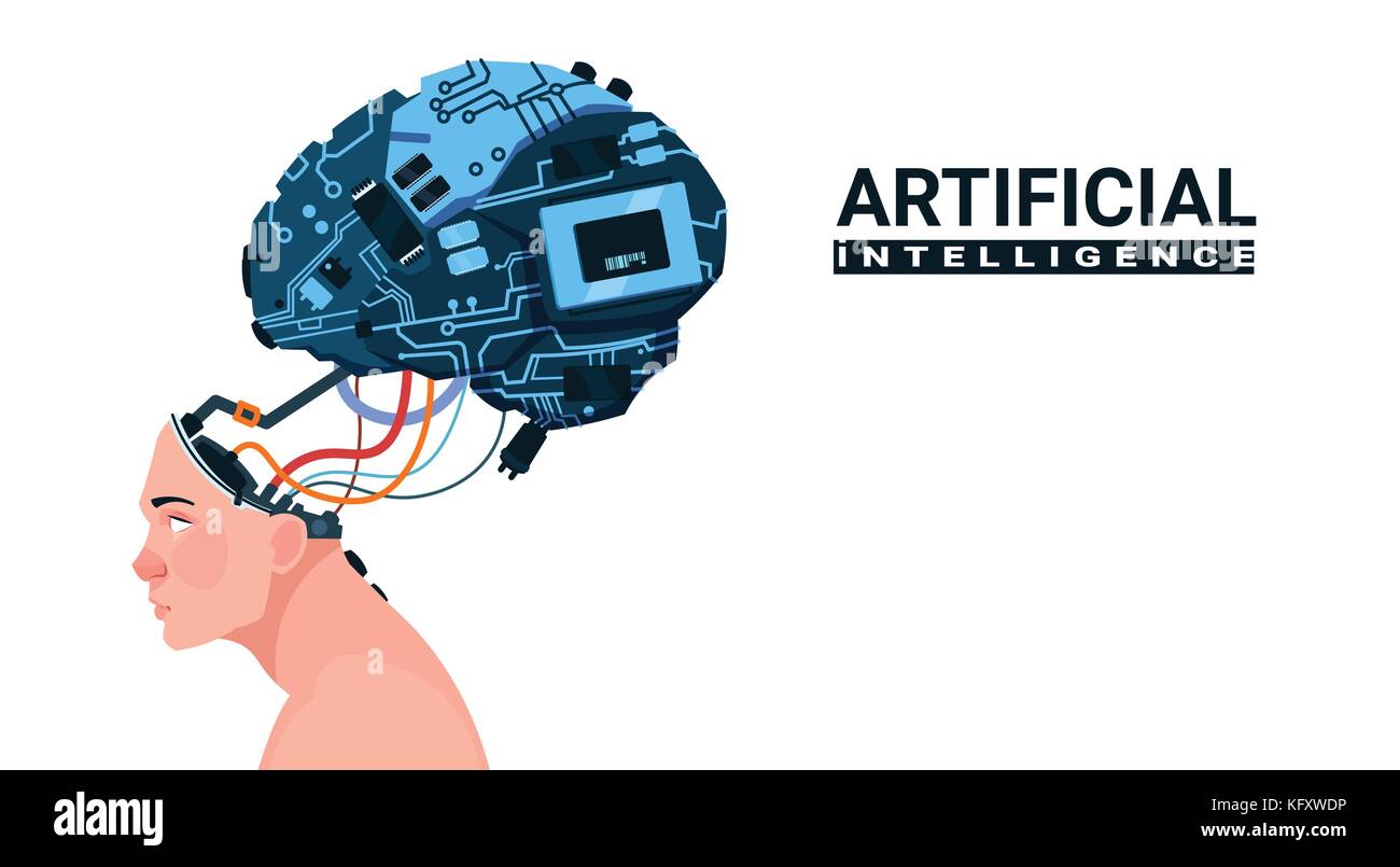 Testa maschio con moderni cyborg cervello isolato su sfondo bianco di intelligenza artificiale concept Illustrazione Vettoriale