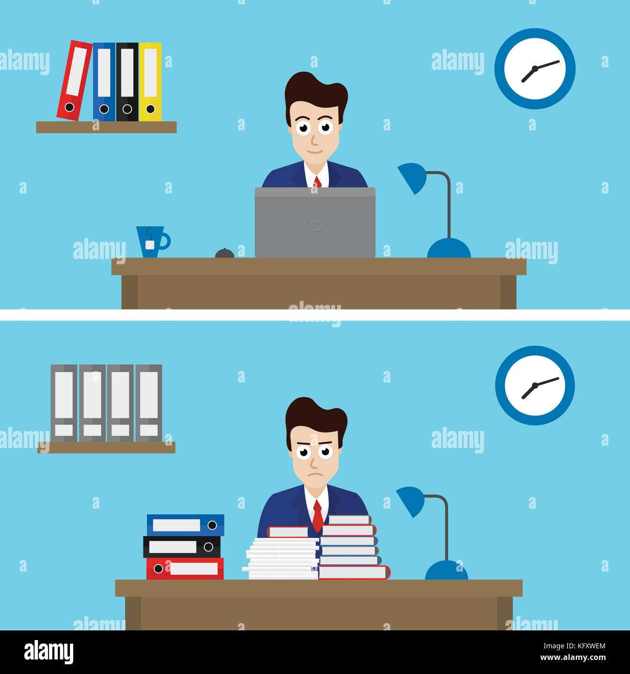 Illustrazione vettoriale di due impiegati in un ufficio con diversi lavori - design piatto Illustrazione Vettoriale