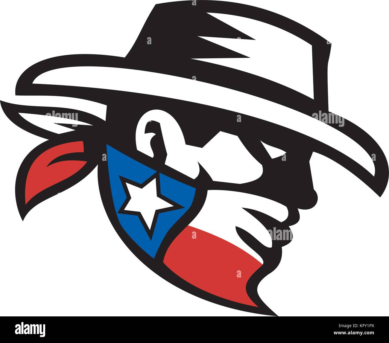 In stile retrò illustrazione di una mascherata texas bandit cowboy testa indossando una bandana maschera con texas lone star flag di stato su isolare lo sfondo. Illustrazione Vettoriale