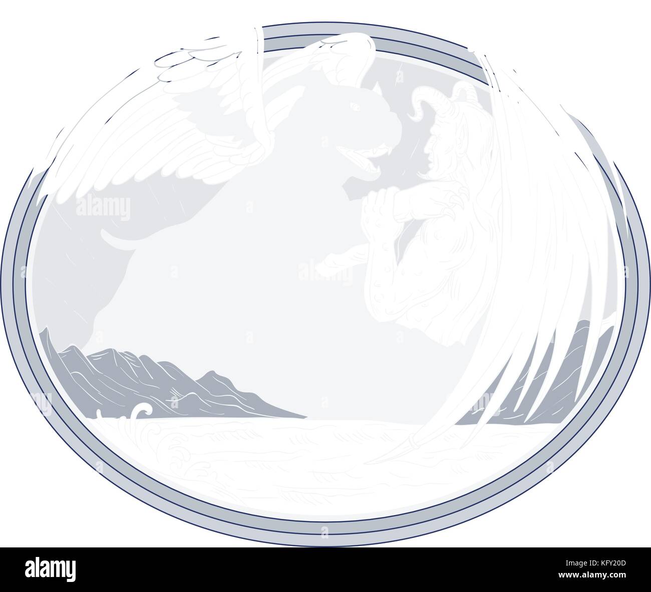Disegno stile sketch illustrazione di un american bully dog con angelo ala demone di combattimento con le montagne e il mare insieme all'interno di forma ovale sulla isolato ba Illustrazione Vettoriale