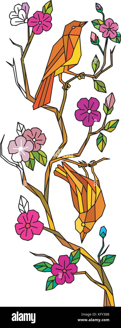 Basso Stile del poligono illustrazione di un giapponese bianco-eye bird si appollaia su Cherry Blossom sakura o ramo di albero su sfondo isolato. Illustrazione Vettoriale