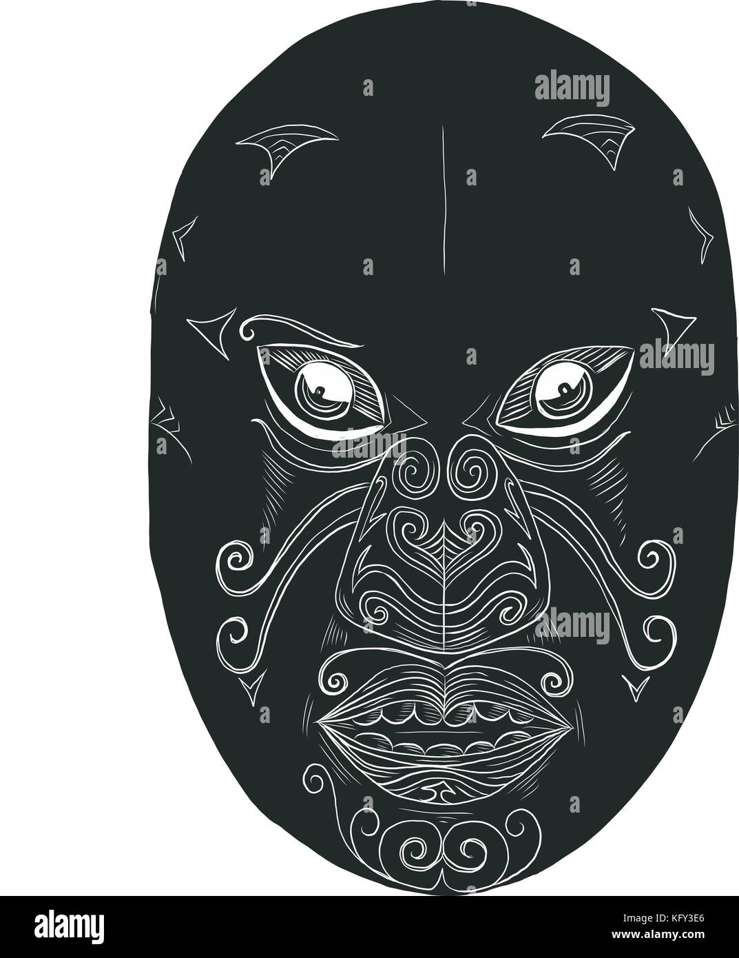 Stile scratchboard illustrazione di una maschera maori cercando feroce con la bocca aperta e gli occhi sporgente sul fatto scraperboard su sfondo isolato. Illustrazione Vettoriale