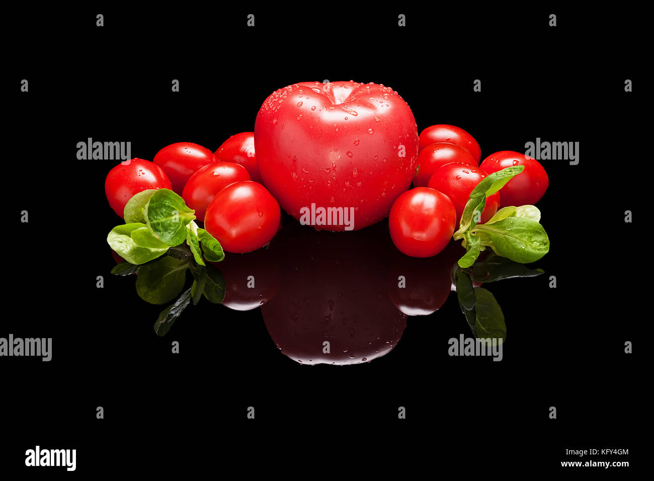 Un unico grande tutto rosso e un mucchio di piccoli pomodori con foglie di lattuga isolato nero su sfondo lucido con una vera riflessione. vista laterale Foto Stock
