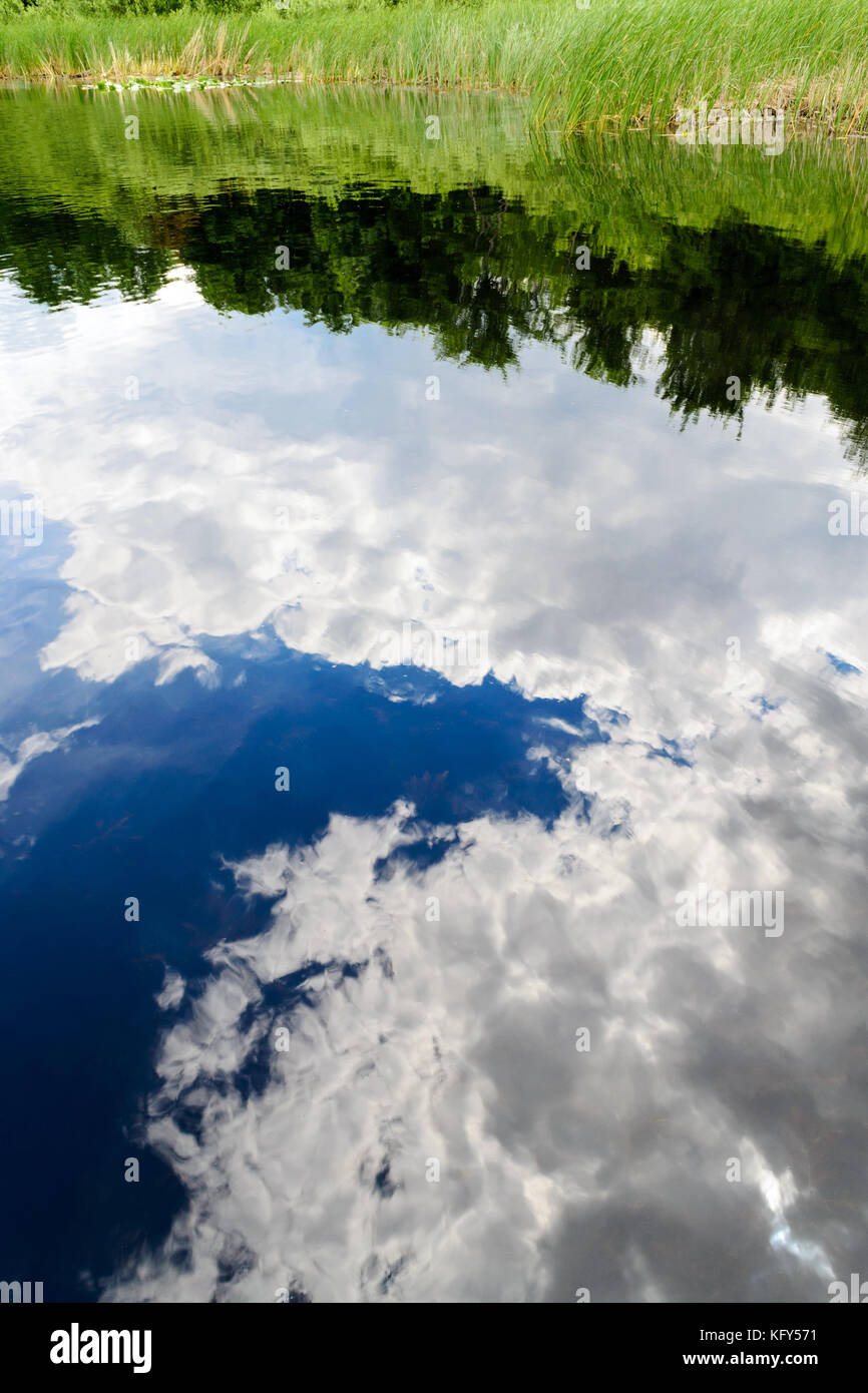 La riflessione di una calma il cielo blu con nuvole bianche sulle acque del lago Foto Stock