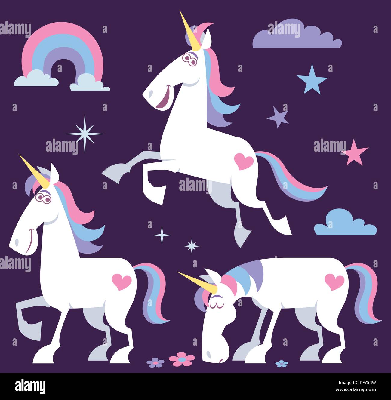 Unicorno cartoni animati in 3 diverse pose e alcuni elementi carini inclusi come bonus. Illustrazione Vettoriale