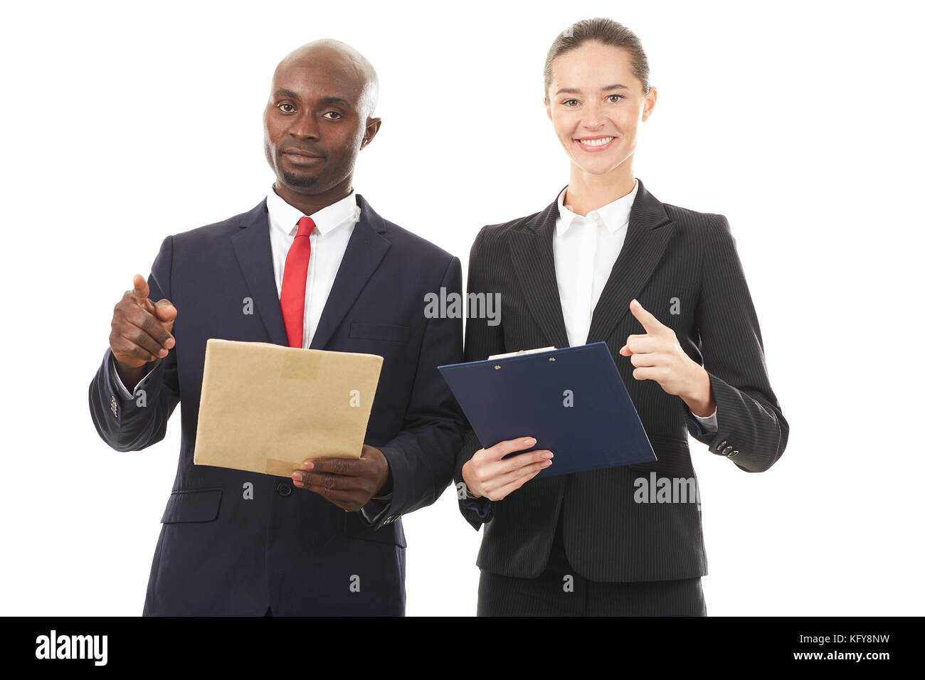 Ritratto di due responsabili risorse umane su sfondo bianco, desiderosi di vedere in loro compagnia Foto Stock