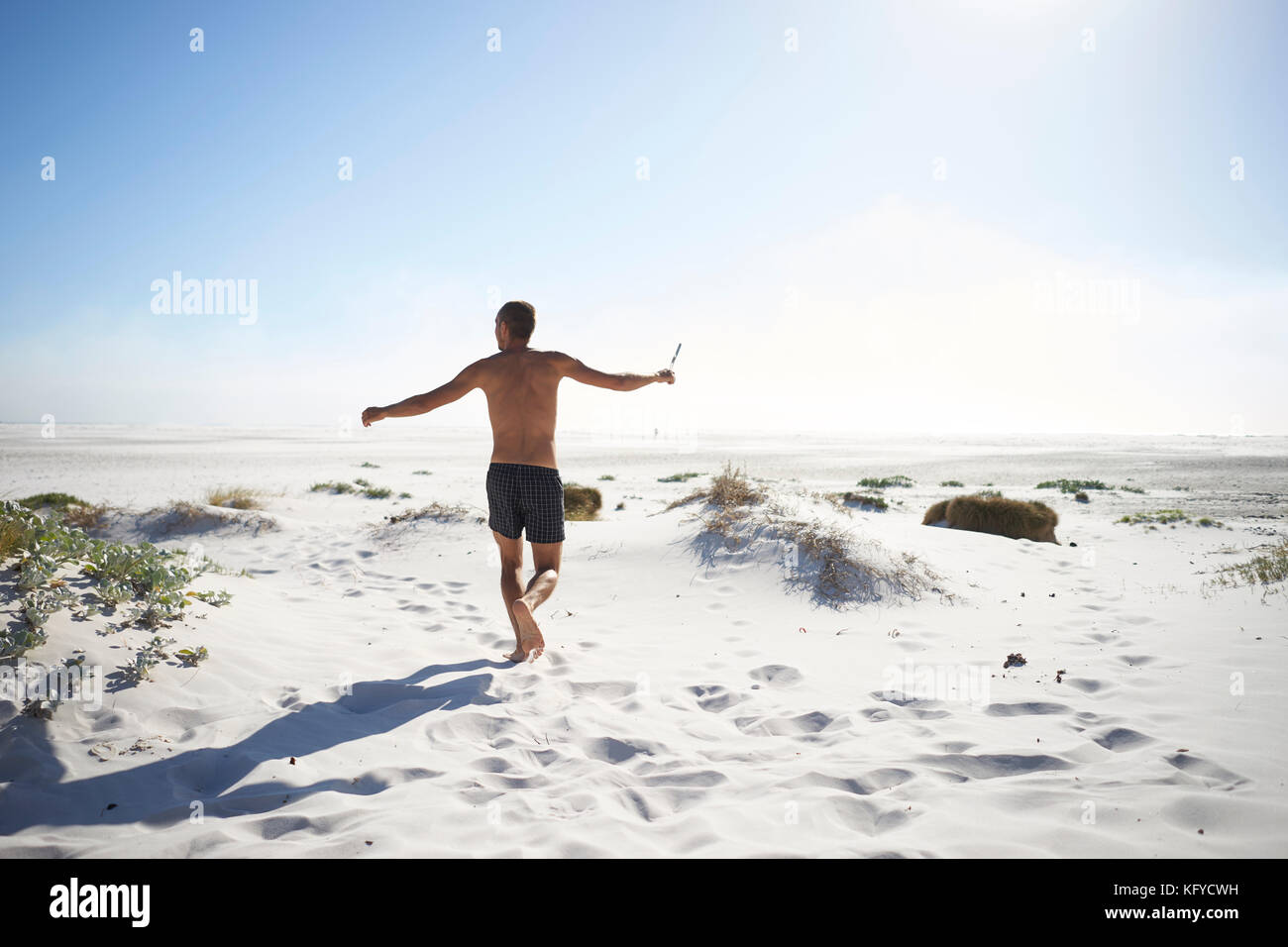 Bracci in boxer corre sopra la spiaggia di sabbia Foto Stock