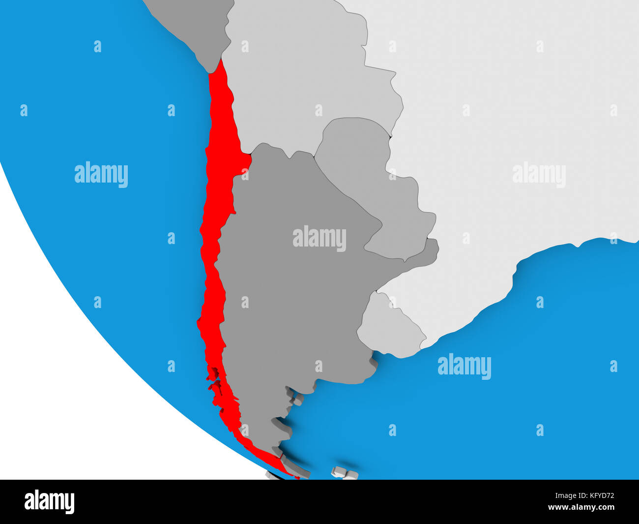 Mappa del Cile in rosso sul globo politico. Illustrazione 3D. Foto Stock