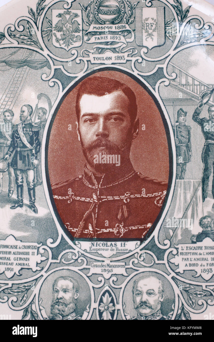 Ritratto dell'ultimo imperatore russo Nikolay ii dalla vecchia piastra decorativa con p. (Made in Francia. XIX secolo). Foto Stock