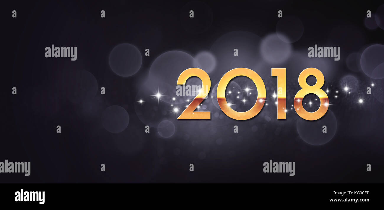 Anno d'oro 2018 dattiloscritto e stelle forme su una festosa sfondo nero Foto Stock