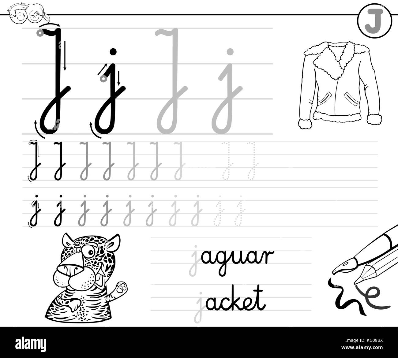 Bianco e nero cartoon illustrazione di abilità di scrittura pratica con la lettera j foglio di lavoro per i bambini Libro da colorare Illustrazione Vettoriale