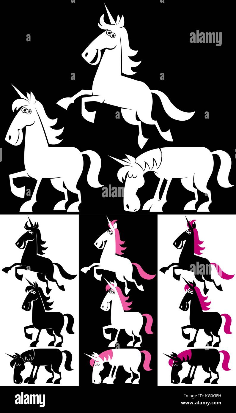 Unicorno dei cartoni animati in 3 diverse pose, ciascuna in 4 versioni. Illustrazione Vettoriale