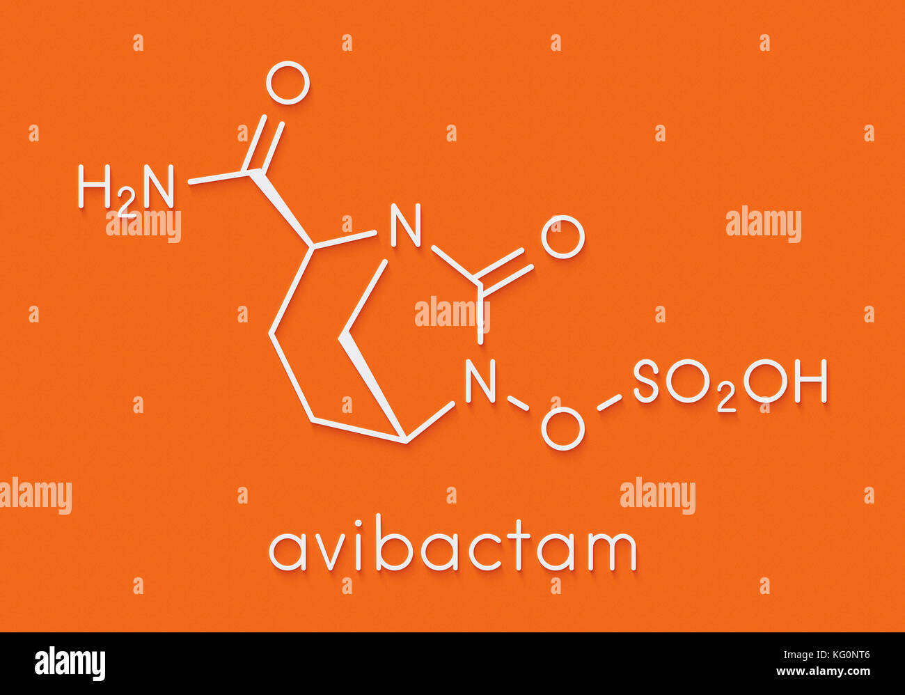 Avibactam molecola di farmaco. beta-lattamasi inibitore somministrata in combinazione con antibiotici. formula scheletrico. Foto Stock