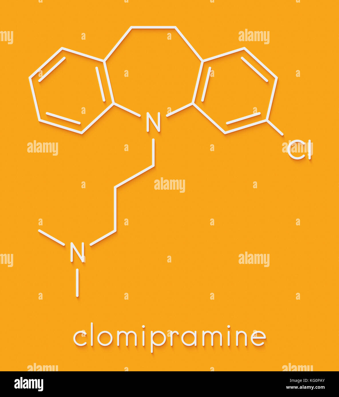 Clomipramine antidepressivo triciclico molecola di farmaco utilizzato nel trattamento della depressione e del disturbo ossessivo-compulsivo, ecc. formula scheletrico. Foto Stock