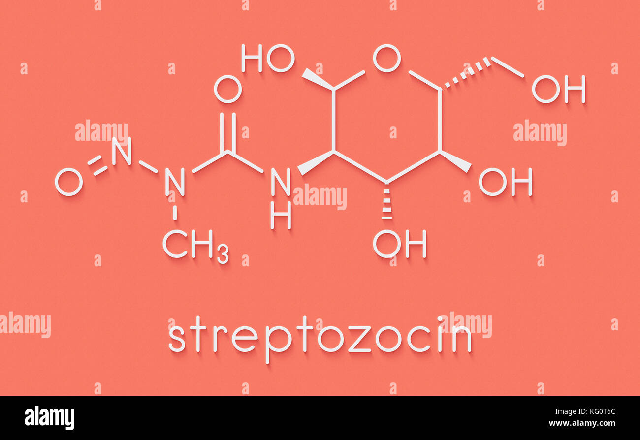 Cancro streptozotocina molecola di farmaco utilizzato nel trattamento del cancro metastatico delle cellule pancreatiche degli isolotti. formula scheletrico. Foto Stock