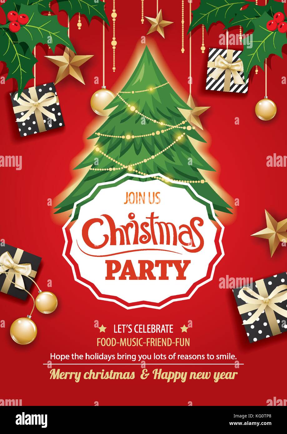 Merry Christmas party e albero su sfondo rosso invito come tema. happy holiday saluto banner e il design della scheda Modello. Illustrazione Vettoriale