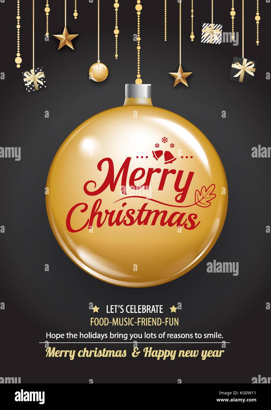 Merry Christmas party e sfera di oro su sfondo scuro invito come tema. happy holiday saluto banner e il design della scheda Modello. Illustrazione Vettoriale