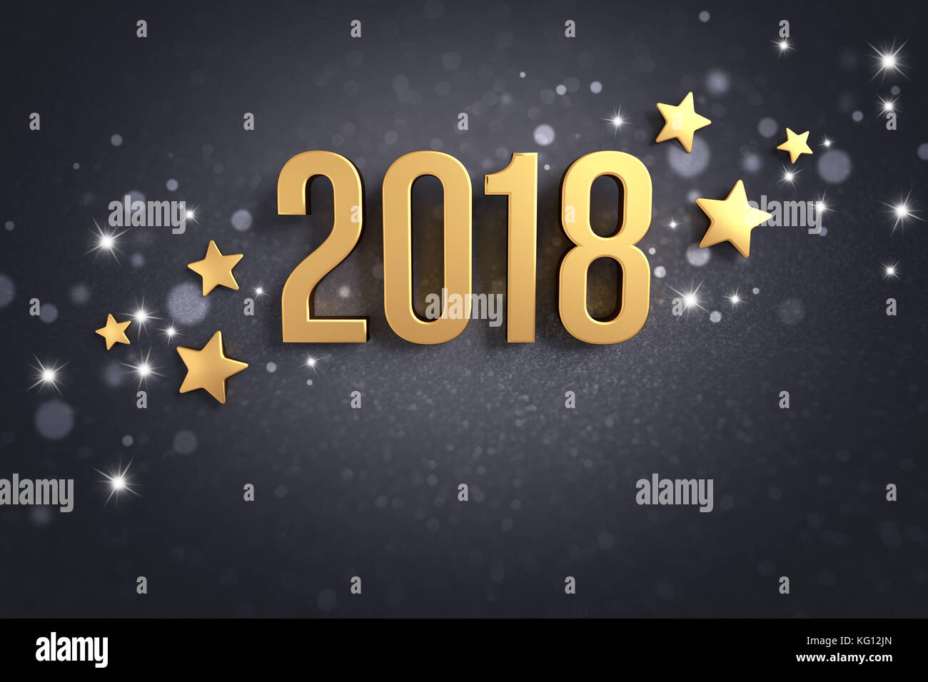Anno d'oro 2018 dattiloscritto e stelle forme su un nero lo sfondo di festa - 3d illustrazione Foto Stock