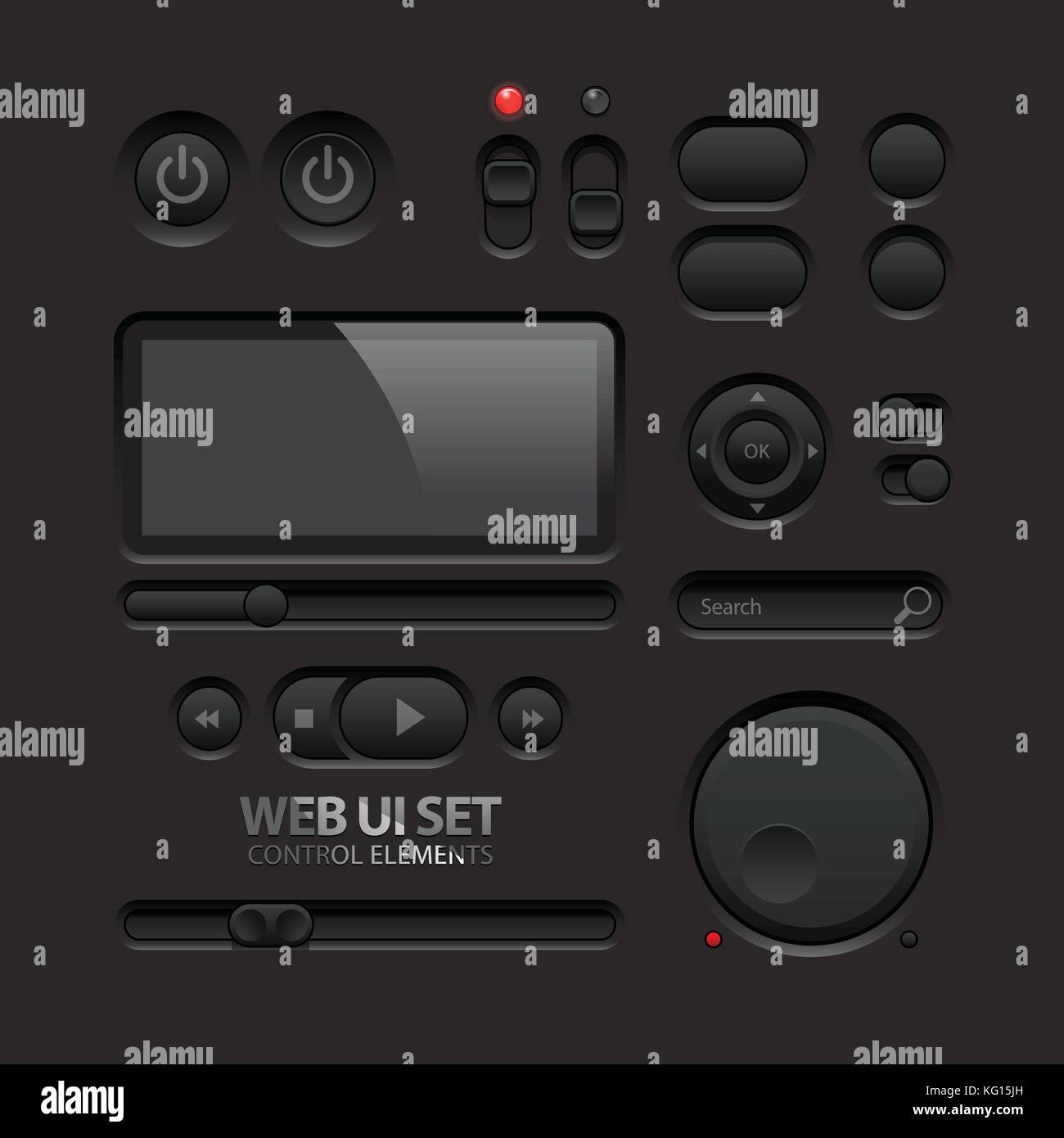 Dark ui web elementi. pulsanti, interruttori, bar Illustrazione Vettoriale