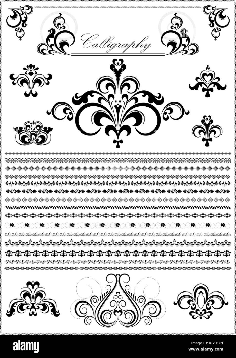 Collezione lusso pennelli decorativi e ornamenti calligrafico di decor e pagine Illustrazione Vettoriale