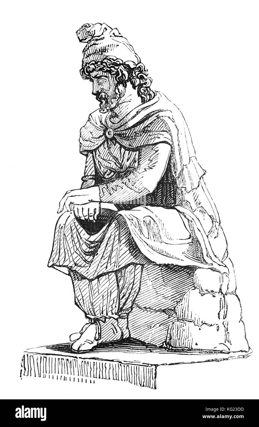 Antica, I secolo a.c. costume gallica in Inghilterra da una scultura romana. I Celti probabilmente tinto il panno con guado. Foto Stock