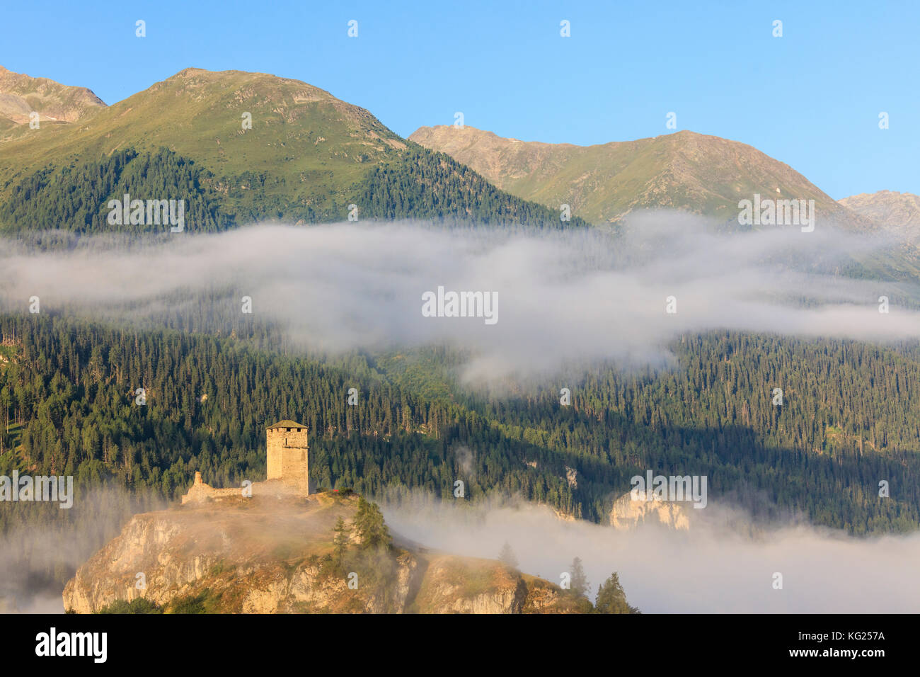 Torre del Castello di Steinsberg incorniciata da boschi, Ardez, Cantone di Graub'nden, quartiere di Inn, bassa Engadina, Svizzera, Europa Foto Stock