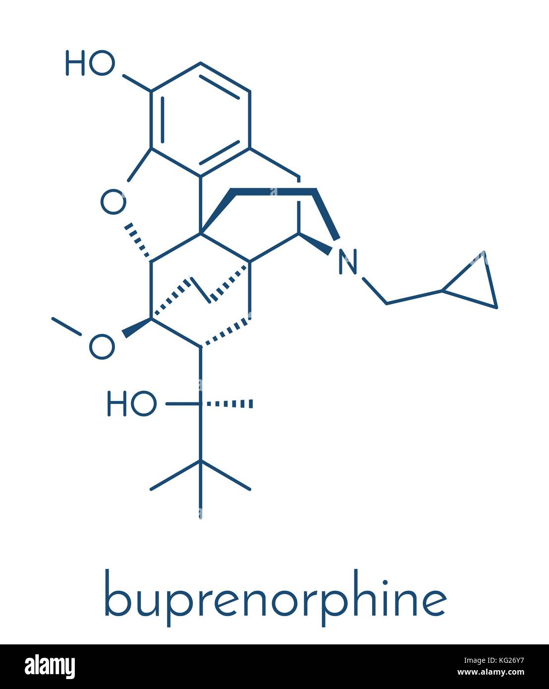 Buprenorfina dipendenza da oppioidi e dolore killer molecola di farmaco. formula scheletrico. Illustrazione Vettoriale