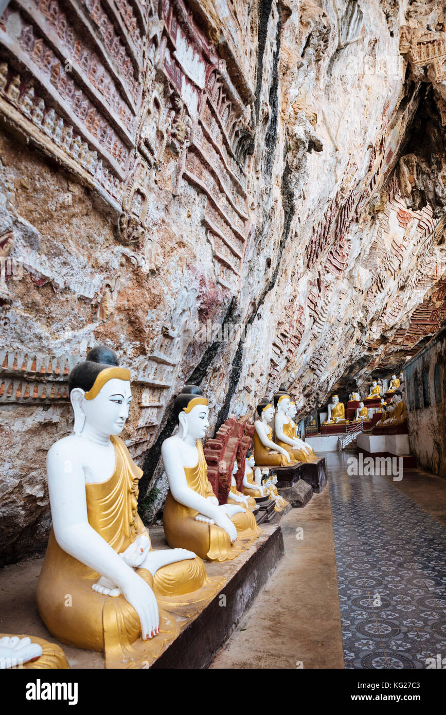 Statue di Buddha, kaw gon grotta, di Hpa-an, Stato di Kayin, Myanmar (Birmania), Asia Foto Stock