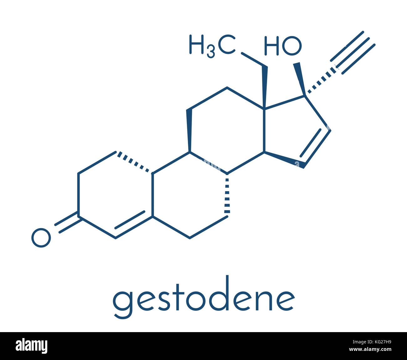 Il gestodene progestogene contraccettivi ormonali molecola di farmaco. formula scheletrico. Illustrazione Vettoriale