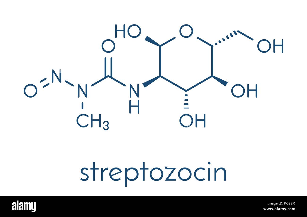 Cancro streptozotocina molecola di farmaco utilizzato nel trattamento del cancro metastatico delle cellule pancreatiche degli isolotti. formula scheletrico. Illustrazione Vettoriale