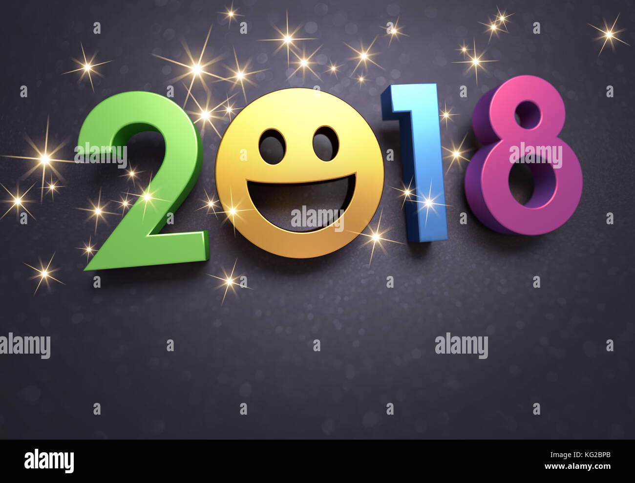 Colorato 2018 anno tipo con una faccia sorridente su una festosa sfondo nero - 3d illustrazione Foto Stock