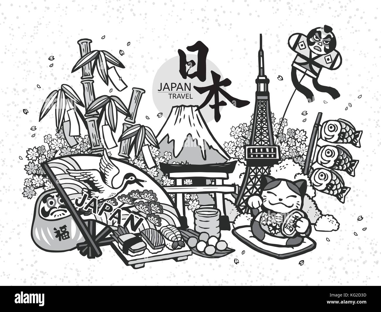 Bel concetto giappone illustrazione, disegnati a mano con lo stile tradizionale simbolo raccolta, fortune parola in giapponese sul daruma rosso, bianco e nero Illustrazione Vettoriale