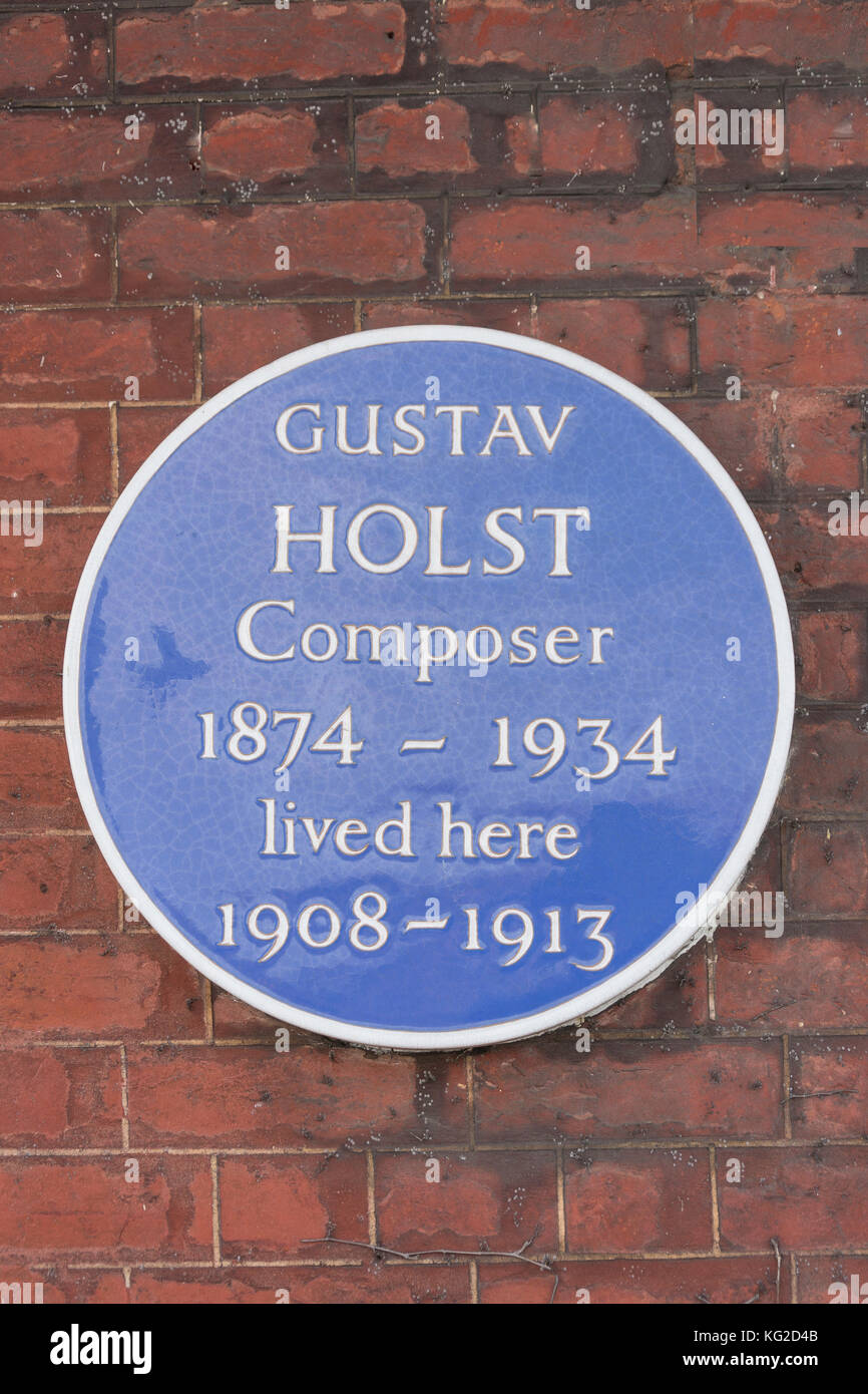 'Gustav Holst compositore visse qui' targa blu, la terrazza, Barnes, London Borough of Richmond upon Thames, Greater London, England, Regno Unito Foto Stock